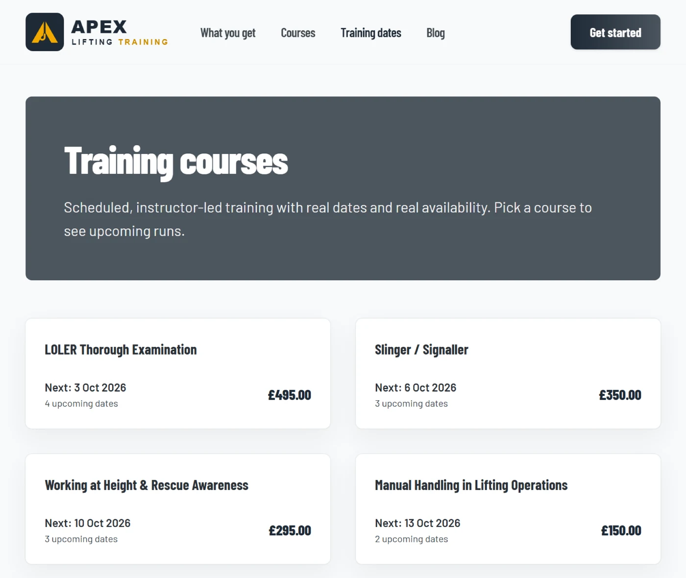 The course dates page for a training provider, in its own brand, with the next date and price for each course